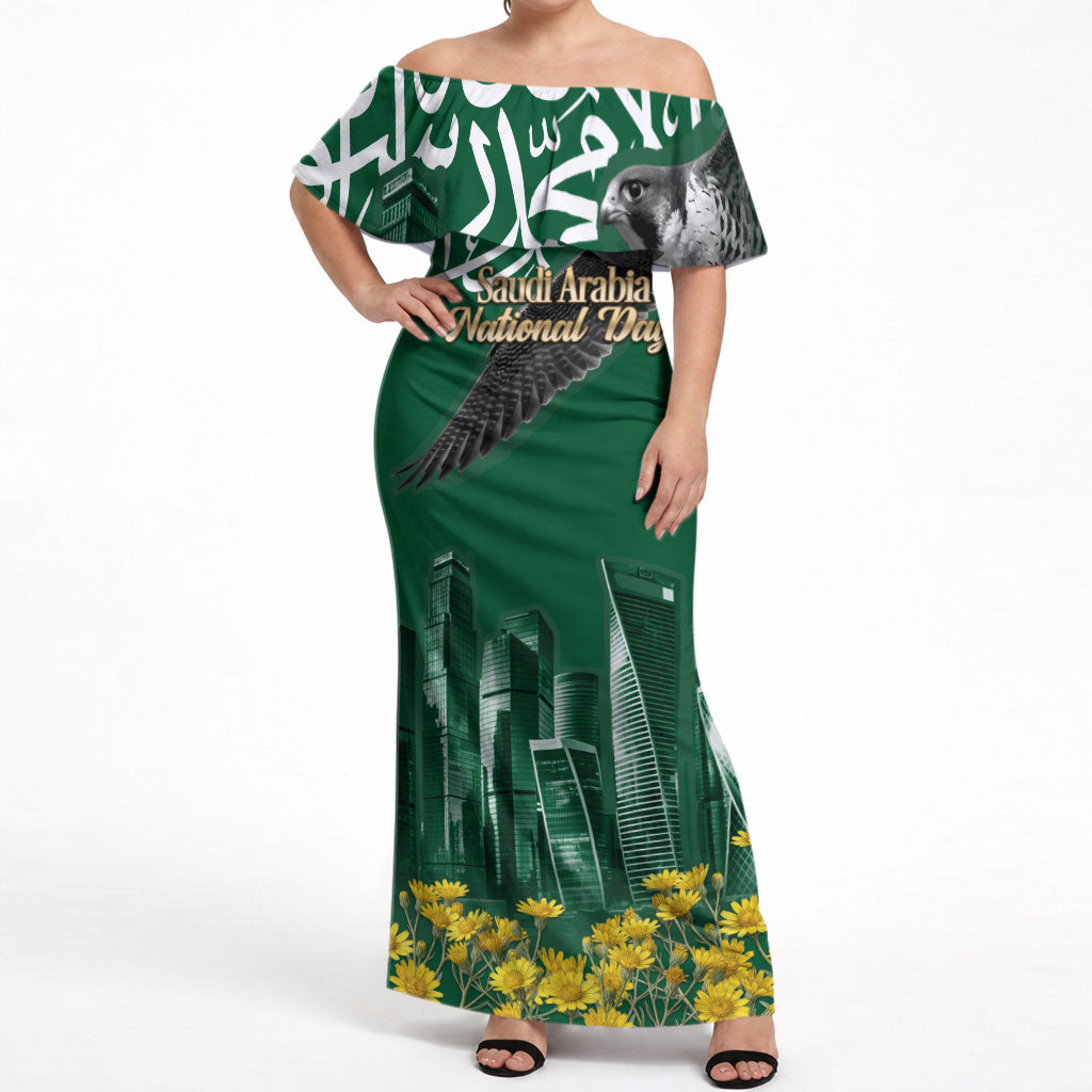Saudi Arabia National Day Off Shoulder Maxi Dress Falcon Skyline Arabic Calligraphy Cultural Pride