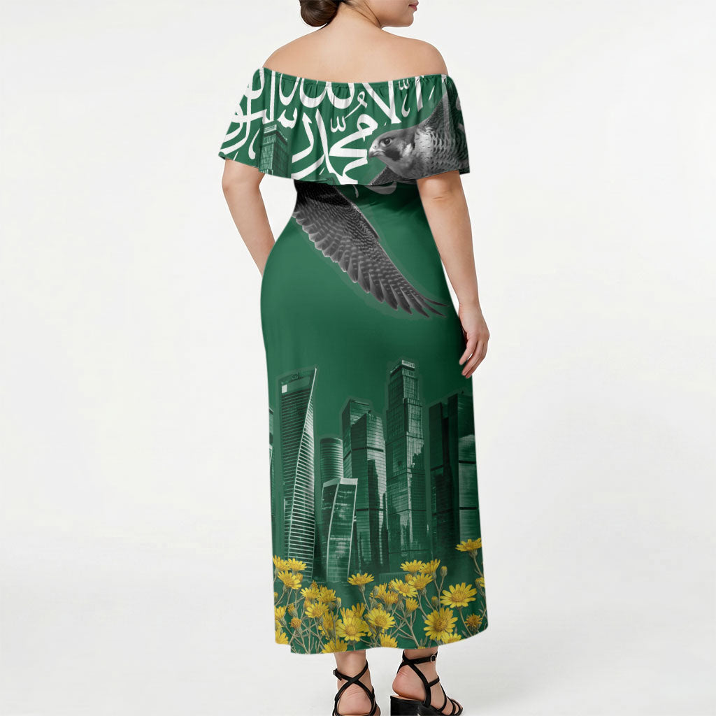 Saudi Arabia National Day Off Shoulder Maxi Dress Falcon Skyline Arabic Calligraphy Cultural Pride