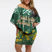 Saudi Arabia National Day Off Shoulder Short Dress Falcon Skyline Arabic Calligraphy Cultural Pride