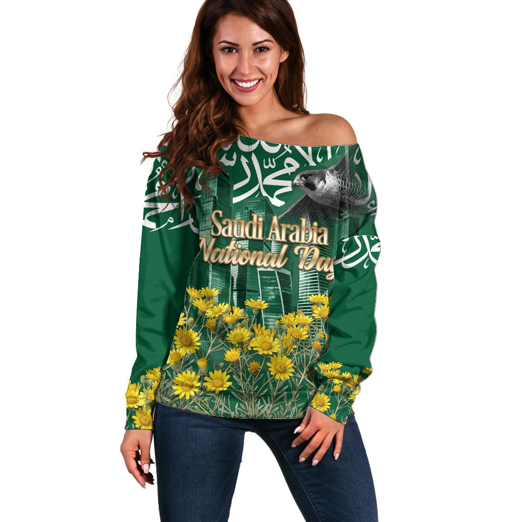 Saudi Arabia National Day Off Shoulder Sweater Falcon Skyline Arabic Calligraphy Cultural Pride