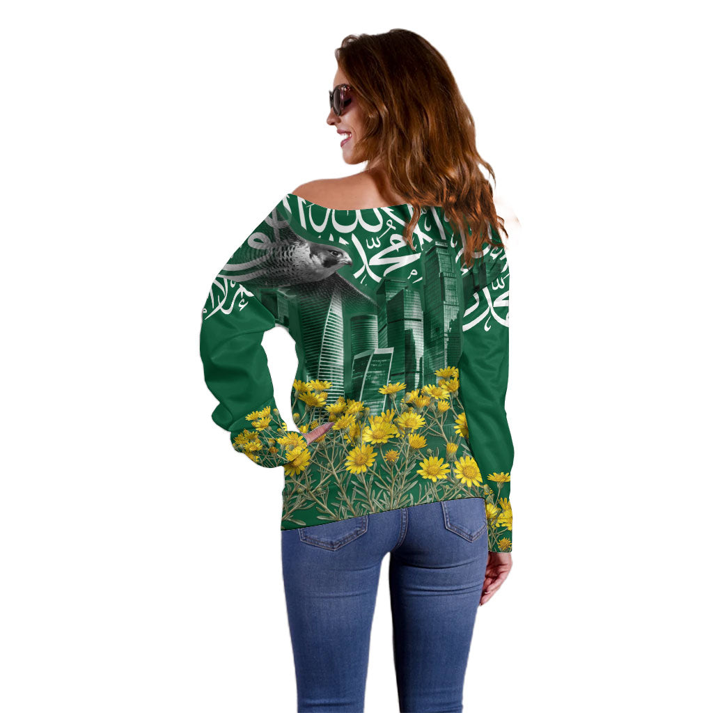 Saudi Arabia National Day Off Shoulder Sweater Falcon Skyline Arabic Calligraphy Cultural Pride