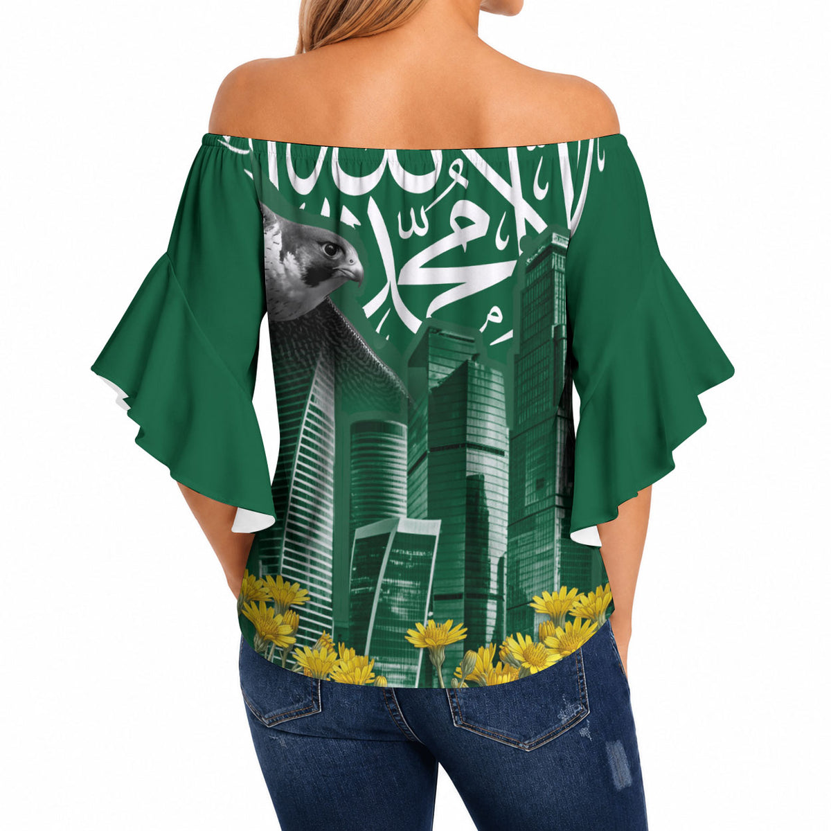 Saudi Arabia National Day Off Shoulder Wrap Waist Top Falcon Skyline Arabic Calligraphy Cultural Pride