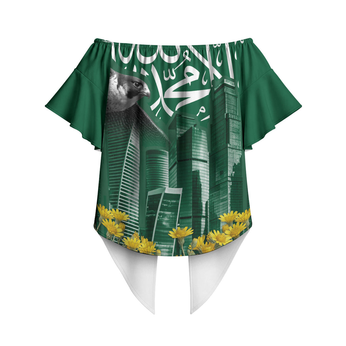 Saudi Arabia National Day Off Shoulder Wrap Waist Top Falcon Skyline Arabic Calligraphy Cultural Pride