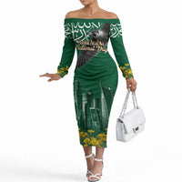 Saudi Arabia National Day Off The Shoulder Long Sleeve Dress Falcon Skyline Arabic Calligraphy Cultural Pride
