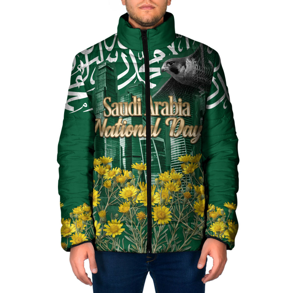 Saudi Arabia National Day Padded Jacket Falcon Skyline Arabic Calligraphy Cultural Pride