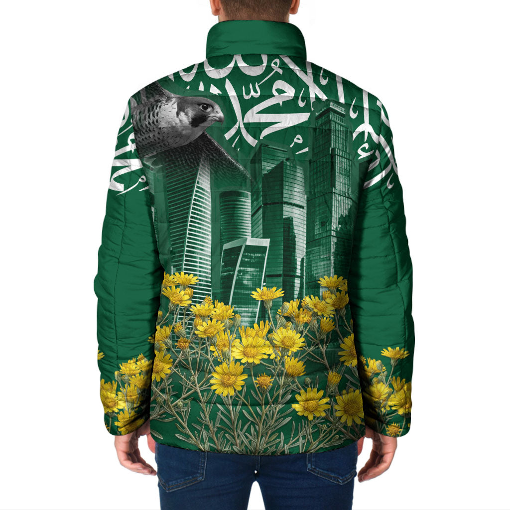 Saudi Arabia National Day Padded Jacket Falcon Skyline Arabic Calligraphy Cultural Pride