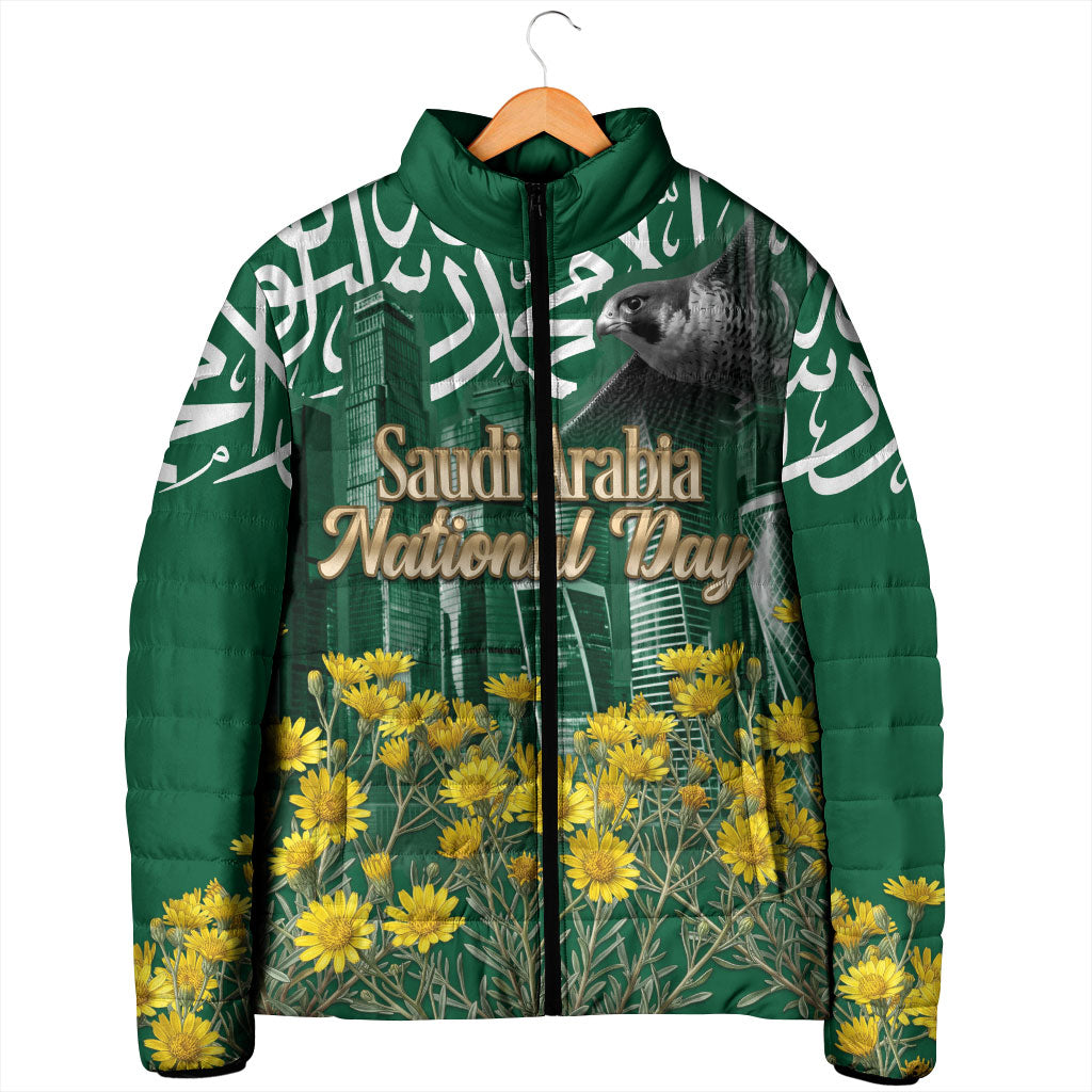 Saudi Arabia National Day Padded Jacket Falcon Skyline Arabic Calligraphy Cultural Pride