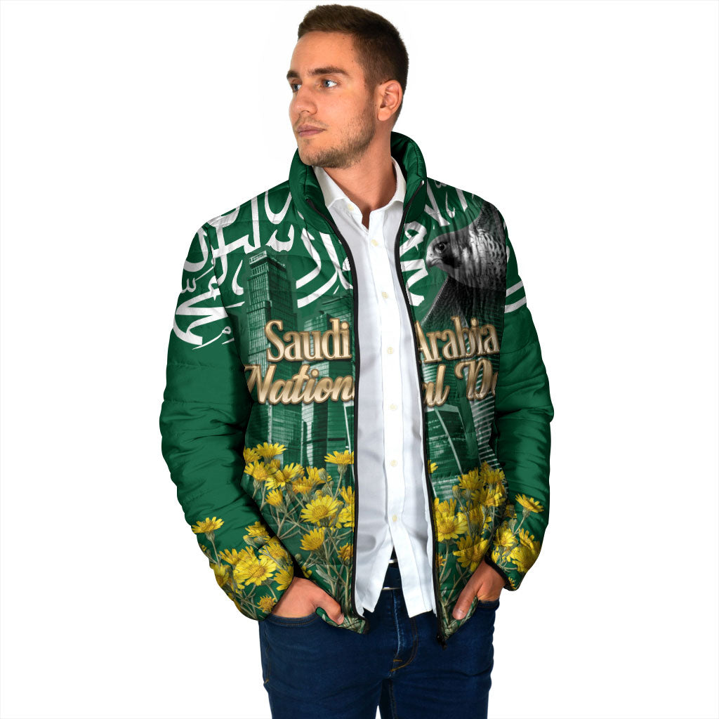 Saudi Arabia National Day Padded Jacket Falcon Skyline Arabic Calligraphy Cultural Pride