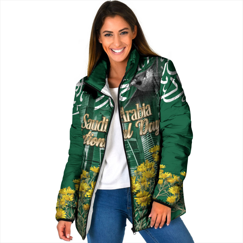 Saudi Arabia National Day Padded Jacket Falcon Skyline Arabic Calligraphy Cultural Pride