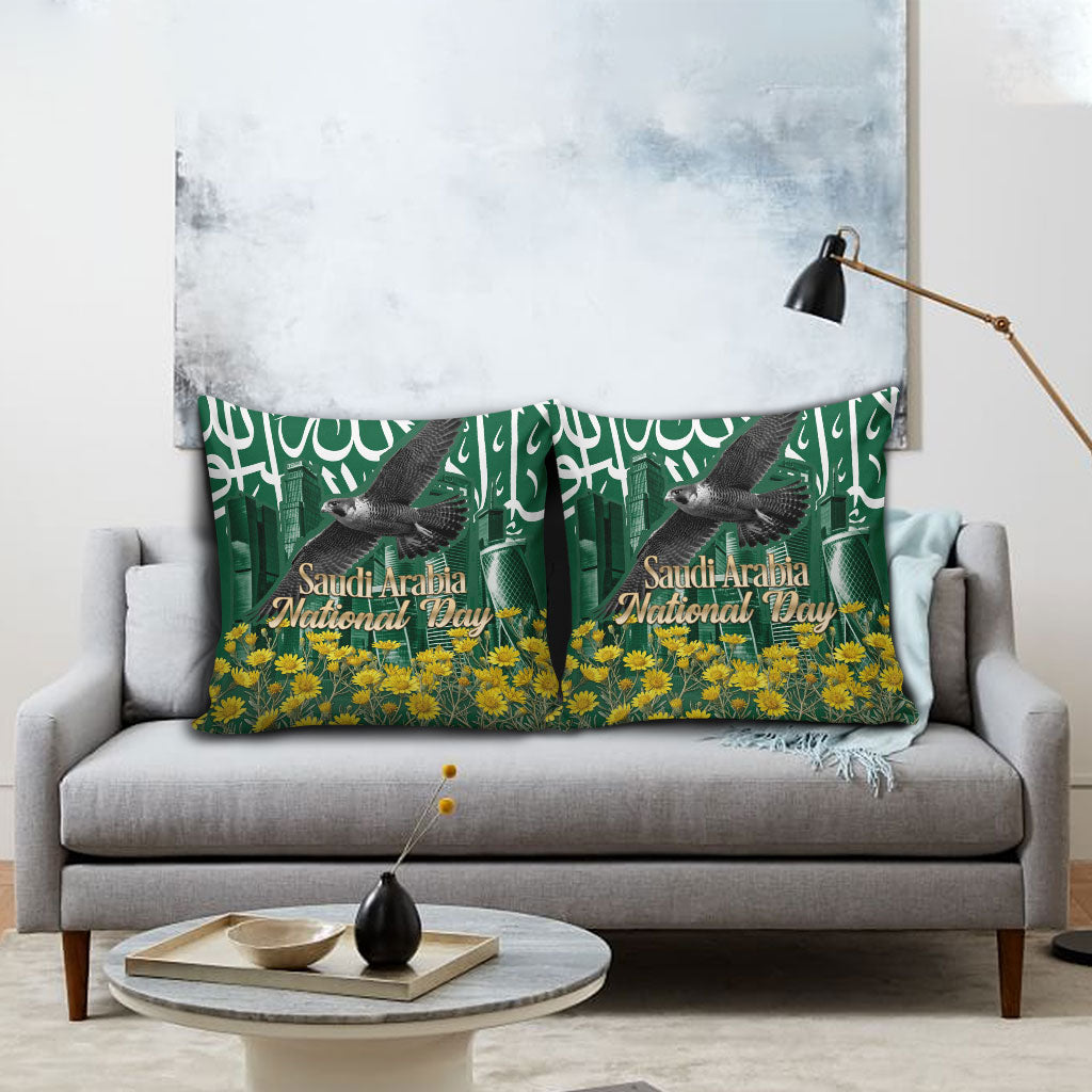 Saudi Arabia National Day Pillow Cover Falcon Skyline Arabic Calligraphy Cultural Pride