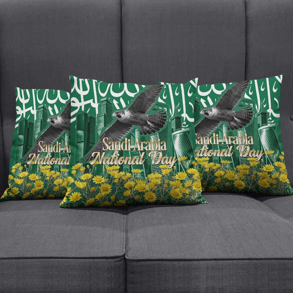 Saudi Arabia National Day Pillow Cover Falcon Skyline Arabic Calligraphy Cultural Pride