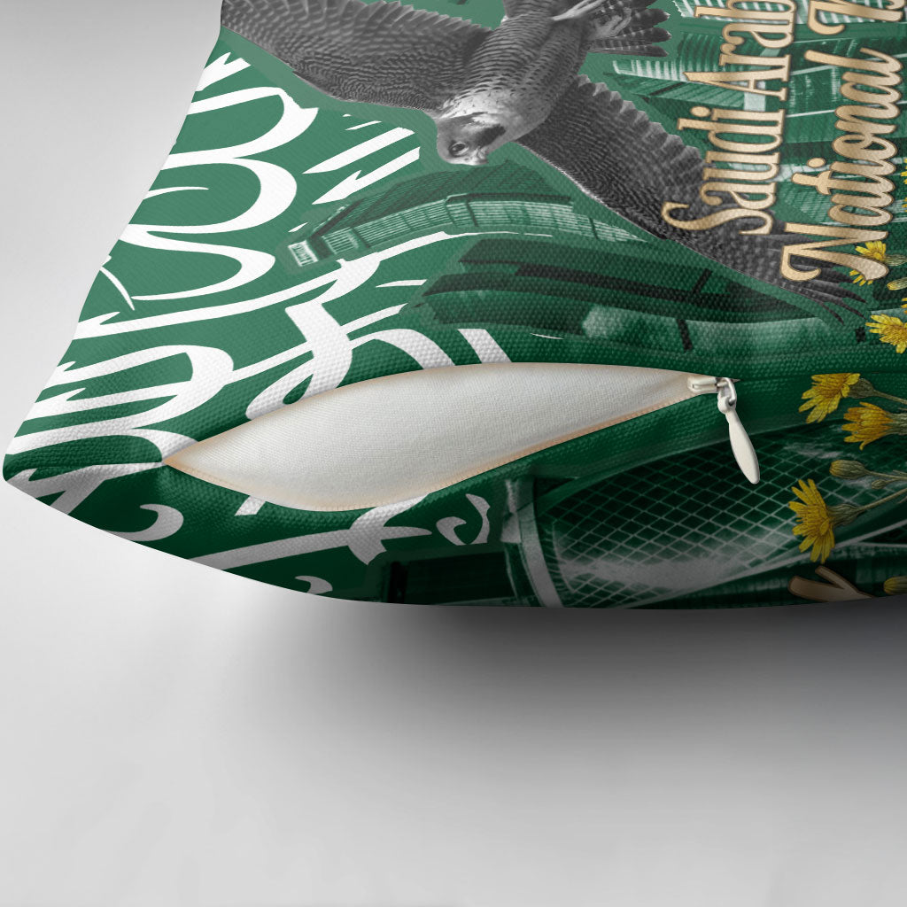 Saudi Arabia National Day Pillow Cover Falcon Skyline Arabic Calligraphy Cultural Pride