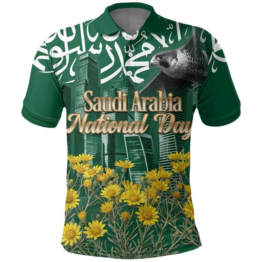 Saudi Arabia National Day Polo Shirt Falcon Skyline Arabic Calligraphy Cultural Pride