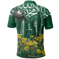 Saudi Arabia National Day Polo Shirt Falcon Skyline Arabic Calligraphy Cultural Pride