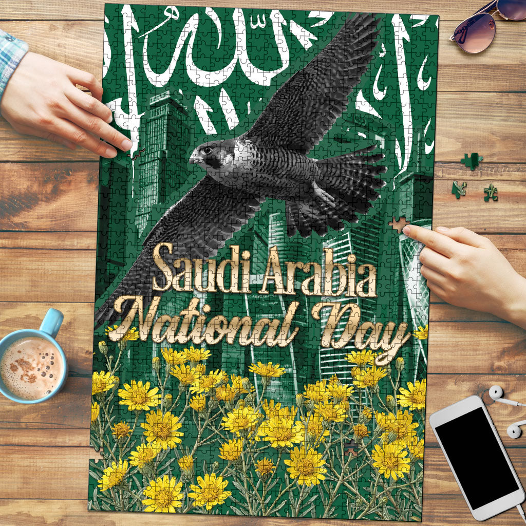 Saudi Arabia National Day Puzzle Falcon Skyline Arabic Calligraphy Cultural Pride