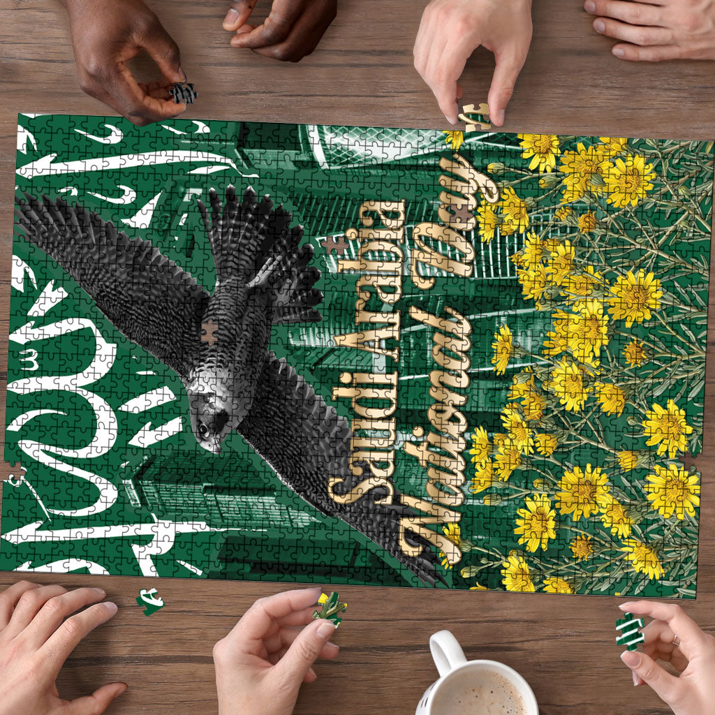 Saudi Arabia National Day Puzzle Falcon Skyline Arabic Calligraphy Cultural Pride