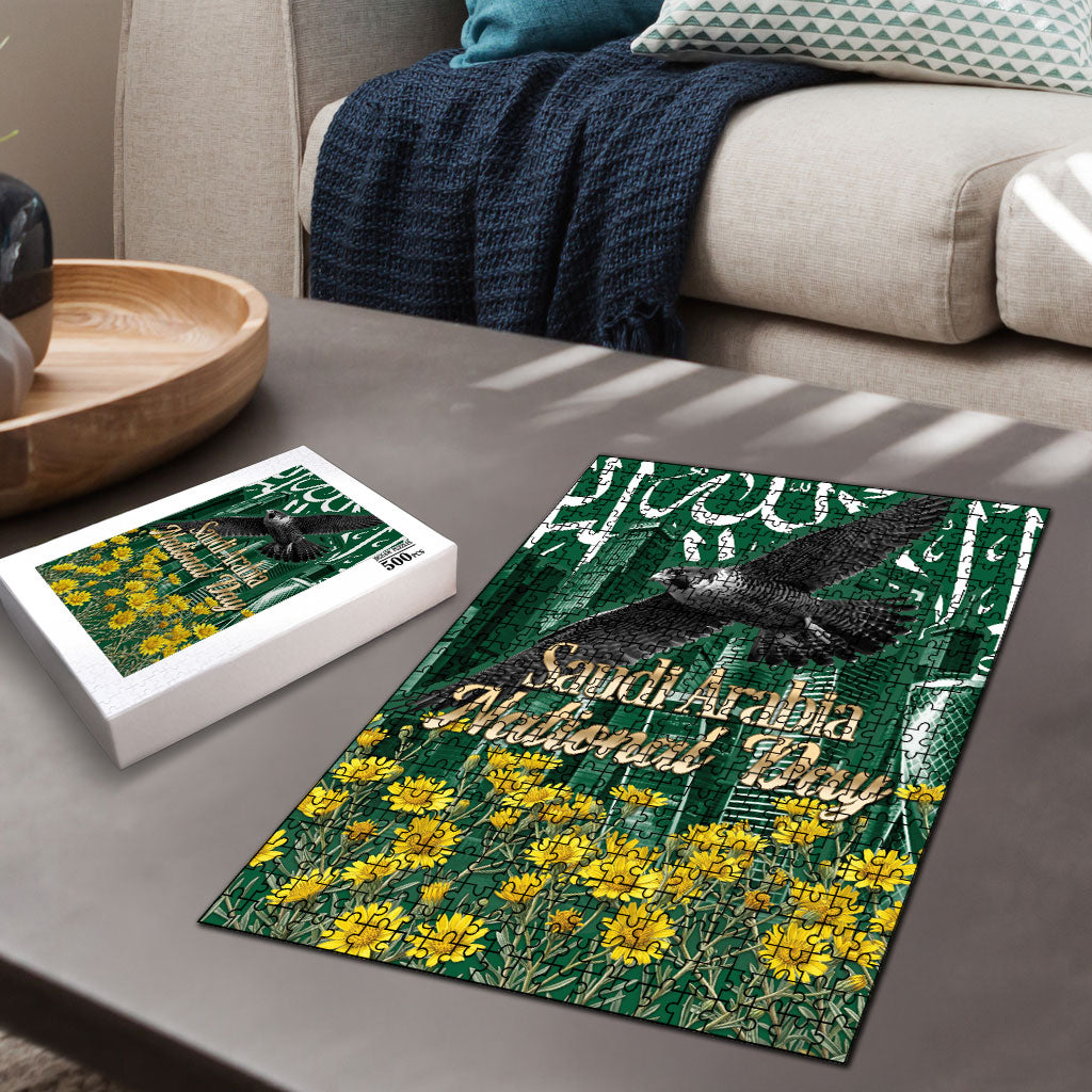 Saudi Arabia National Day Puzzle Falcon Skyline Arabic Calligraphy Cultural Pride