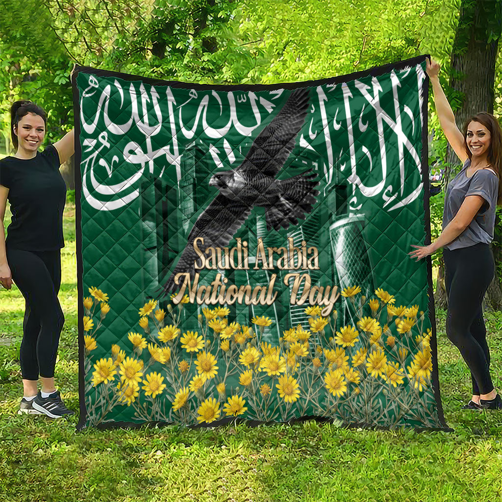 Saudi Arabia National Day Quilt Falcon Skyline Arabic Calligraphy Cultural Pride