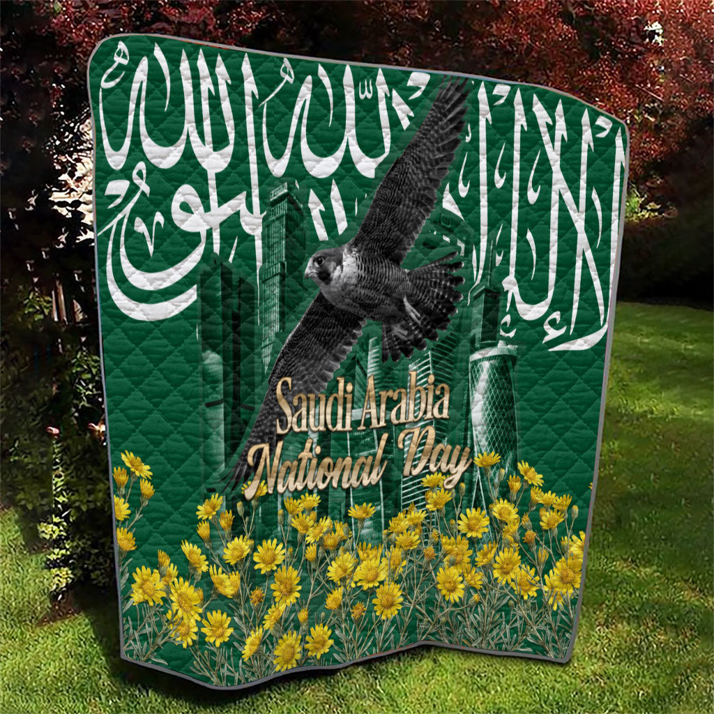 Saudi Arabia National Day Quilt Falcon Skyline Arabic Calligraphy Cultural Pride