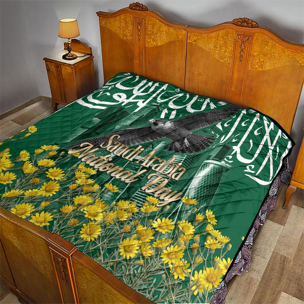 Saudi Arabia National Day Quilt Falcon Skyline Arabic Calligraphy Cultural Pride