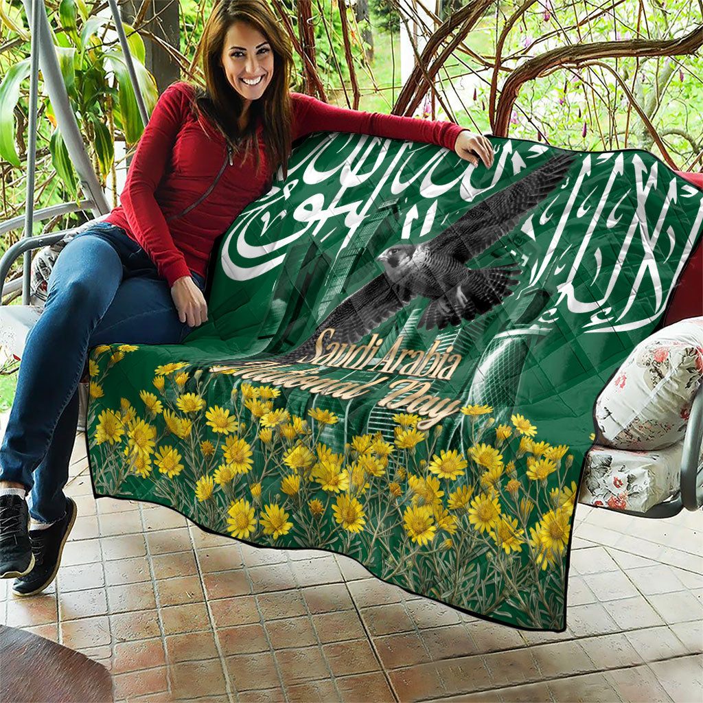 Saudi Arabia National Day Quilt Falcon Skyline Arabic Calligraphy Cultural Pride