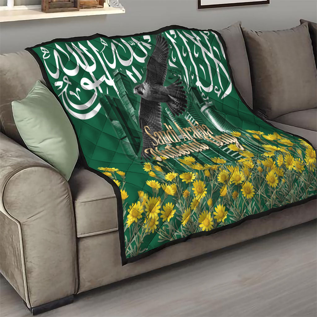 Saudi Arabia National Day Quilt Falcon Skyline Arabic Calligraphy Cultural Pride