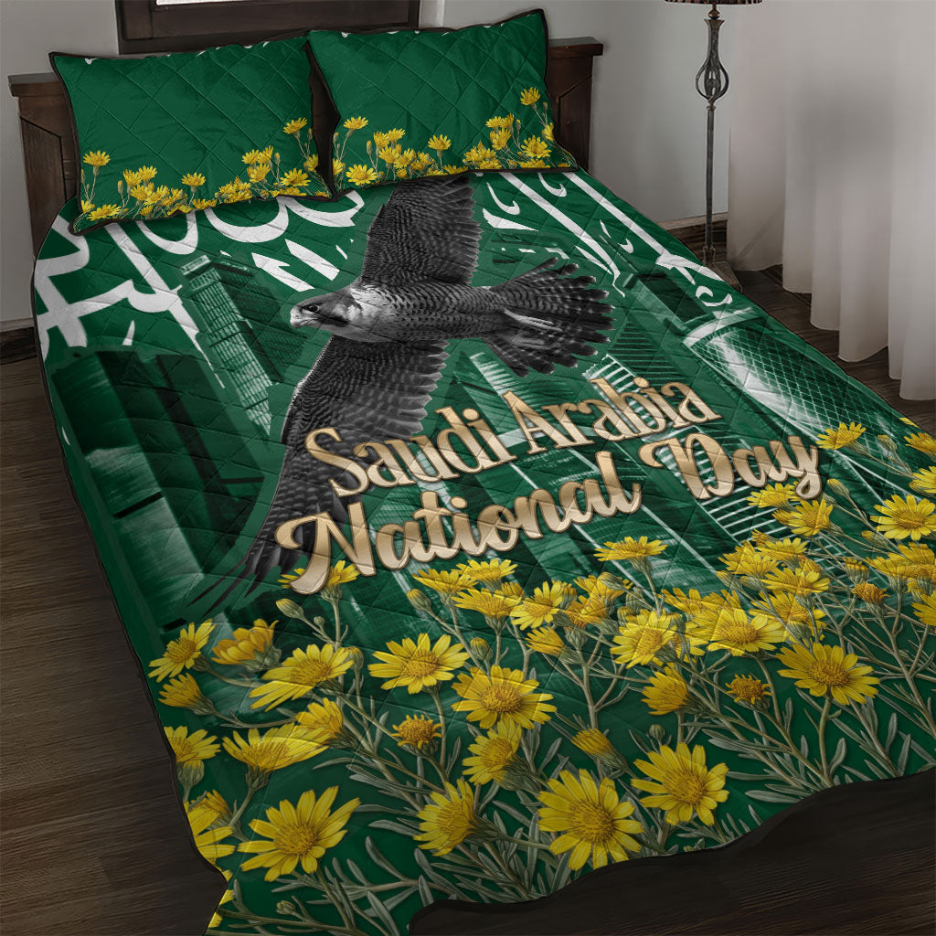 Saudi Arabia National Day Quilt Bed Set Falcon Skyline Arabic Calligraphy Cultural Pride