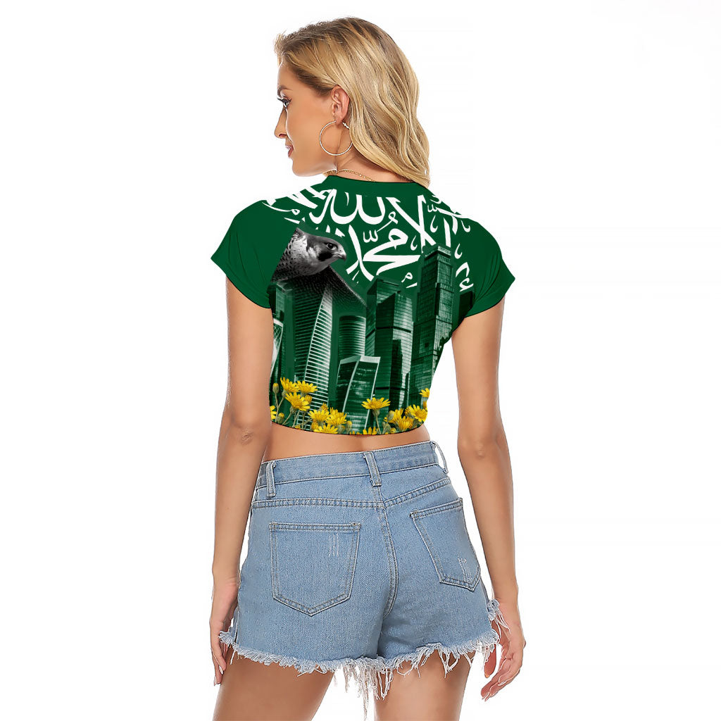 Saudi Arabia National Day Raglan Cropped T Shirt Falcon Skyline Arabic Calligraphy Cultural Pride