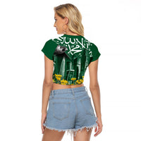 Saudi Arabia National Day Raglan Cropped T Shirt Falcon Skyline Arabic Calligraphy Cultural Pride