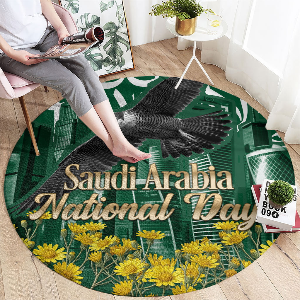 Saudi Arabia National Day Round Carpet Falcon Skyline Arabic Calligraphy Cultural Pride