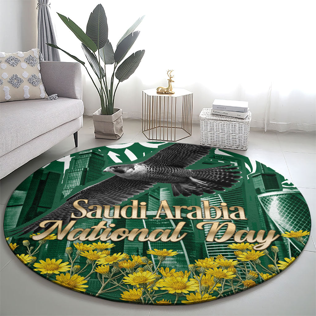 Saudi Arabia National Day Round Carpet Falcon Skyline Arabic Calligraphy Cultural Pride