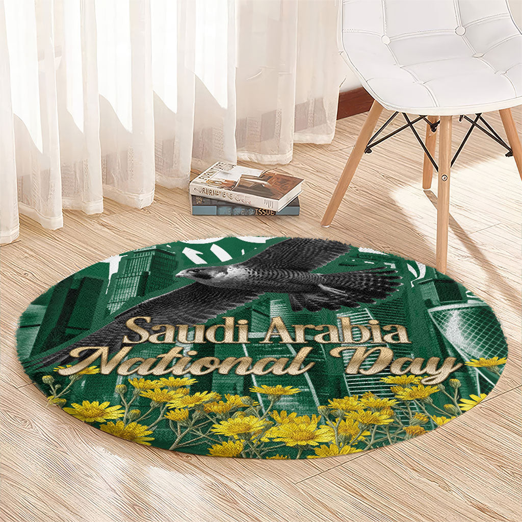 Saudi Arabia National Day Round Carpet Falcon Skyline Arabic Calligraphy Cultural Pride