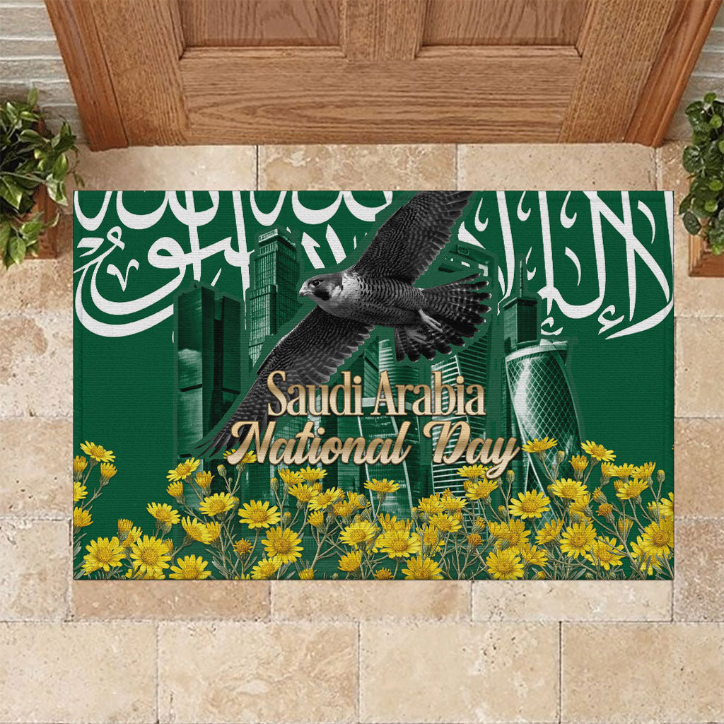 Saudi Arabia National Day Rubber Doormat Falcon Skyline Arabic Calligraphy Cultural Pride