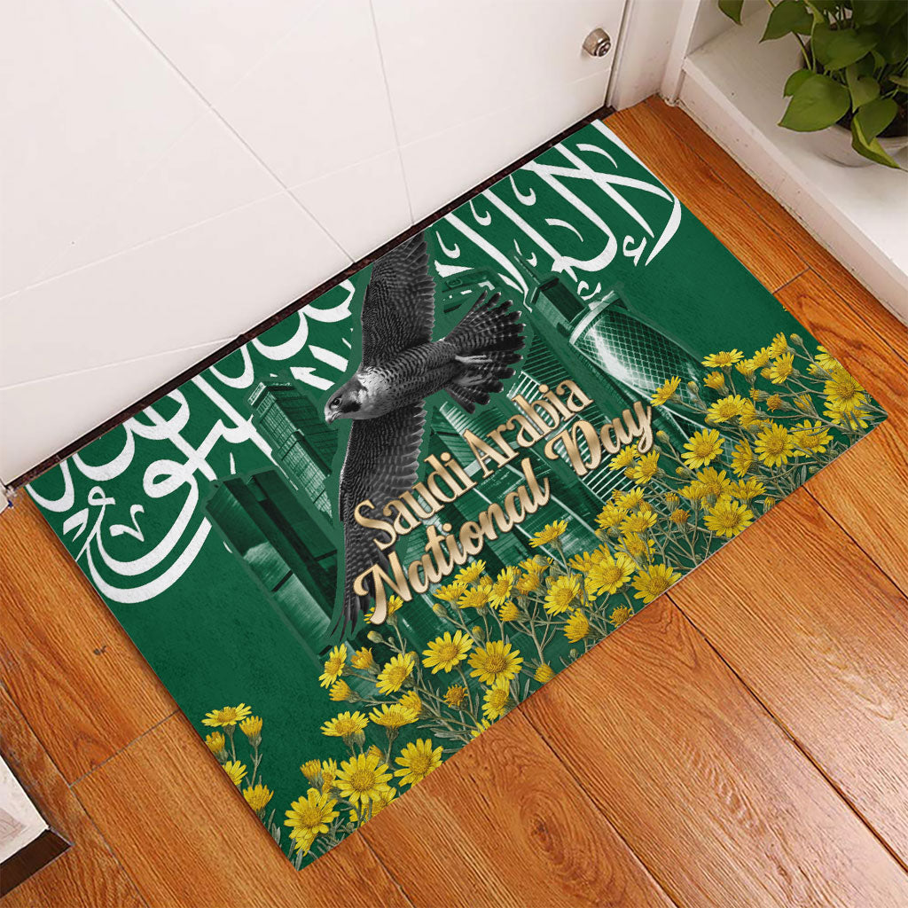 Saudi Arabia National Day Rubber Doormat Falcon Skyline Arabic Calligraphy Cultural Pride