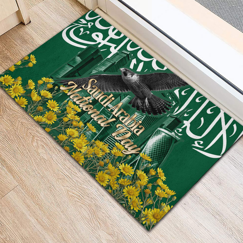 Saudi Arabia National Day Rubber Doormat Falcon Skyline Arabic Calligraphy Cultural Pride