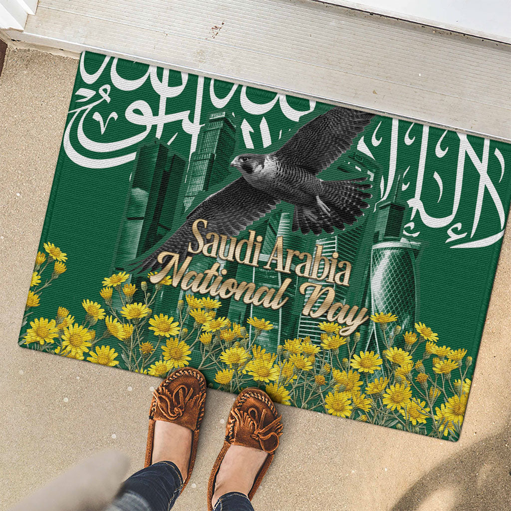 Saudi Arabia National Day Rubber Doormat Falcon Skyline Arabic Calligraphy Cultural Pride