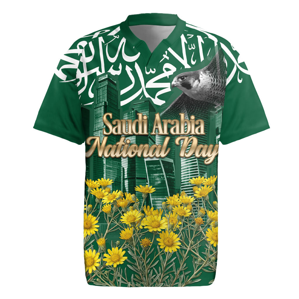 Saudi Arabia National Day Rugby Jersey Falcon Skyline Arabic Calligraphy Cultural Pride
