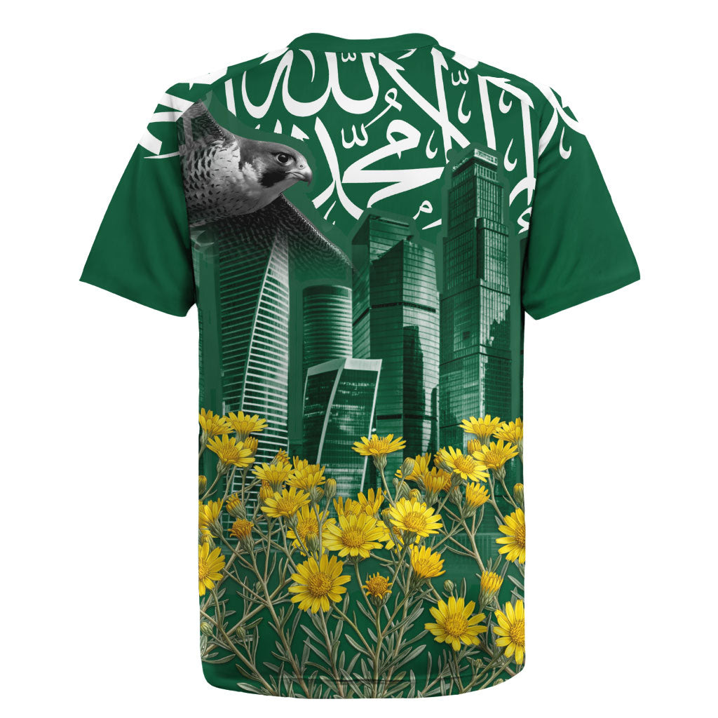 Saudi Arabia National Day Rugby Jersey Falcon Skyline Arabic Calligraphy Cultural Pride