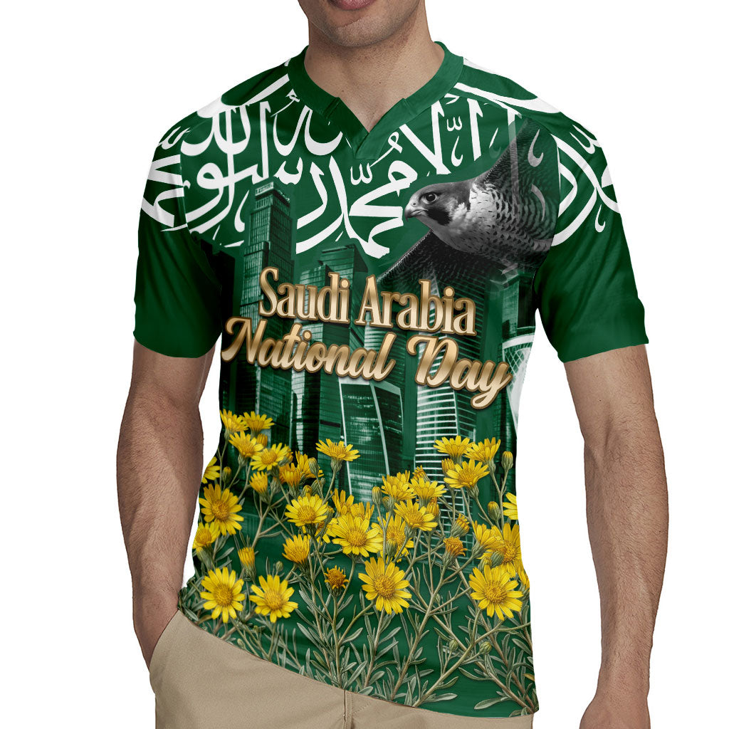 Saudi Arabia National Day Rugby Jersey Falcon Skyline Arabic Calligraphy Cultural Pride