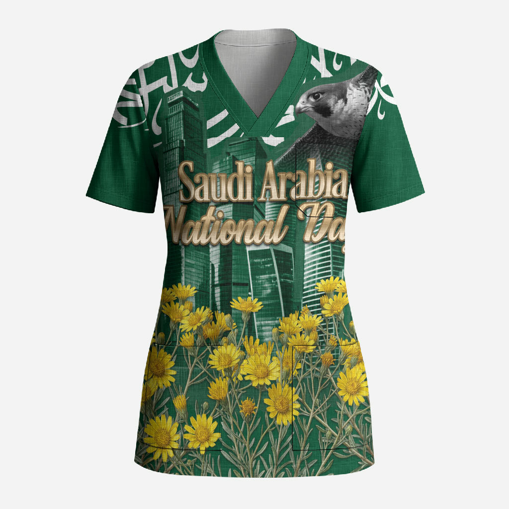 Saudi Arabia National Day Scrub Top Falcon Skyline Arabic Calligraphy Cultural Pride