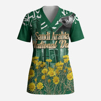 Saudi Arabia National Day Scrub Top Falcon Skyline Arabic Calligraphy Cultural Pride