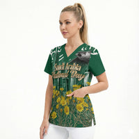 Saudi Arabia National Day Scrub Top Falcon Skyline Arabic Calligraphy Cultural Pride