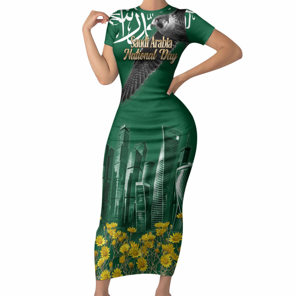 Saudi Arabia National Day Short Sleeve Bodycon Dress Falcon Skyline Arabic Calligraphy Cultural Pride