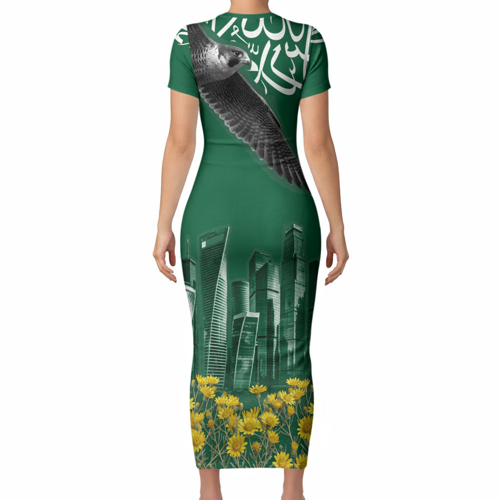 Saudi Arabia National Day Short Sleeve Bodycon Dress Falcon Skyline Arabic Calligraphy Cultural Pride