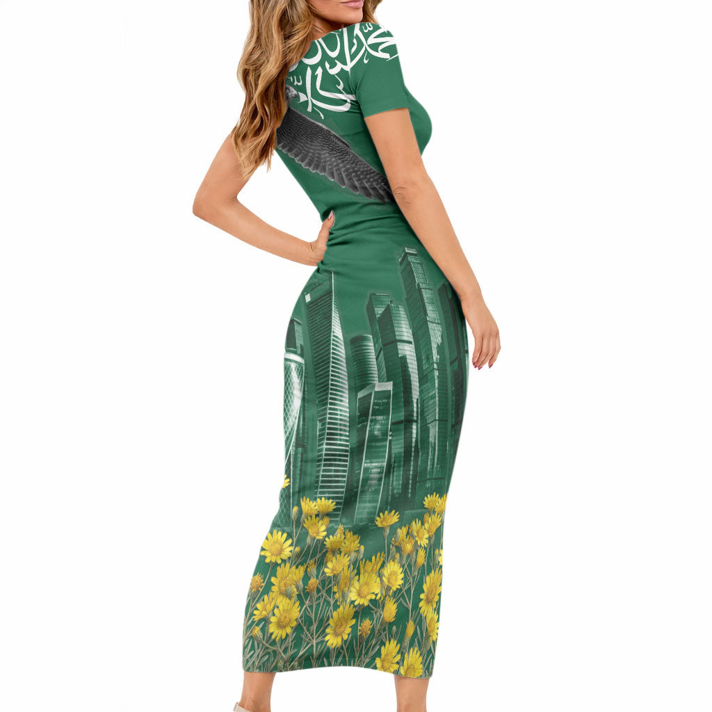 Saudi Arabia National Day Short Sleeve Bodycon Dress Falcon Skyline Arabic Calligraphy Cultural Pride
