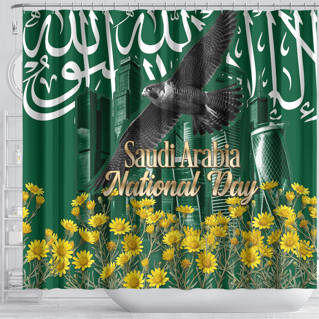 Saudi Arabia National Day Shower Curtain Falcon Skyline Arabic Calligraphy Cultural Pride