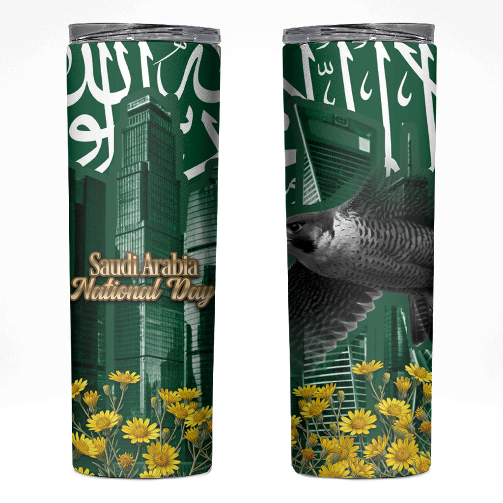 Saudi Arabia National Day Skinny Tumbler Falcon Skyline Arabic Calligraphy Cultural Pride
