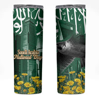 Saudi Arabia National Day Skinny Tumbler Falcon Skyline Arabic Calligraphy Cultural Pride