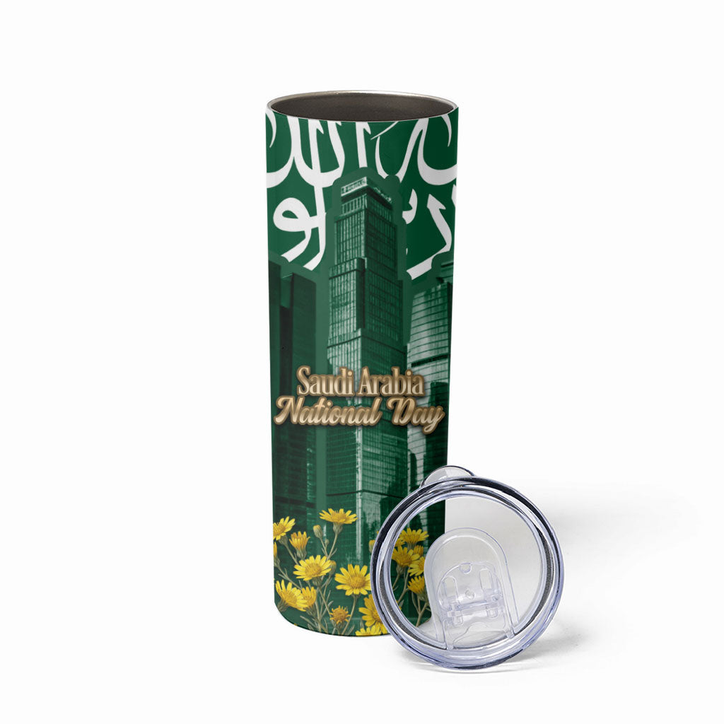 Saudi Arabia National Day Skinny Tumbler Falcon Skyline Arabic Calligraphy Cultural Pride