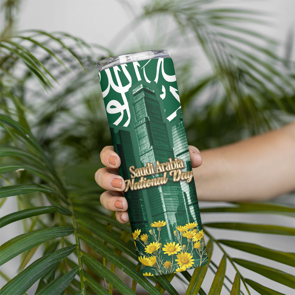 Saudi Arabia National Day Skinny Tumbler Falcon Skyline Arabic Calligraphy Cultural Pride